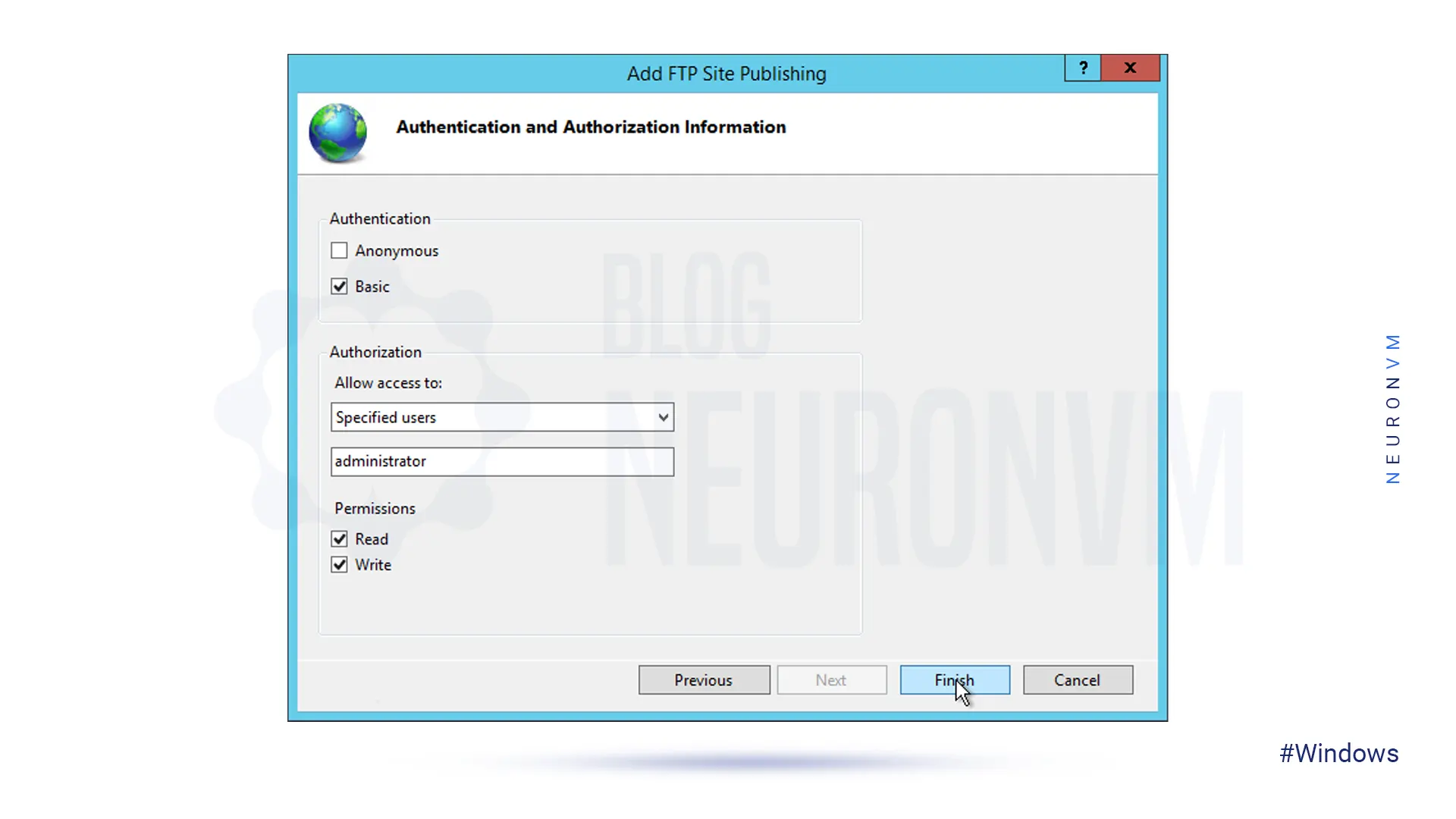 permissions in add ftp site publishing