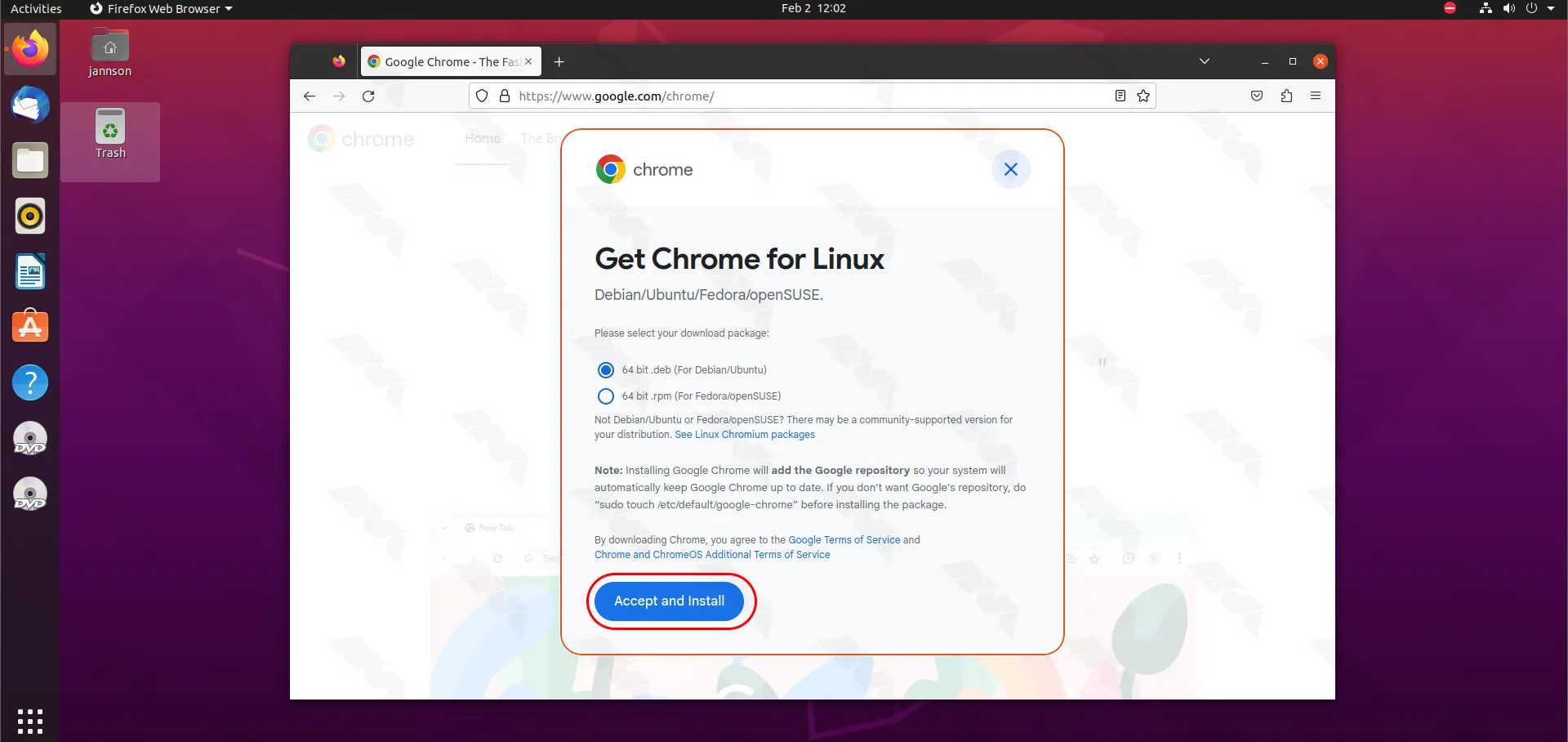 2 accept and install google chrome on ubuntu